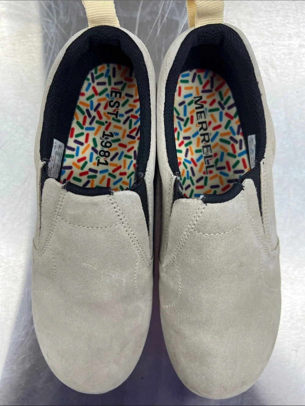 Merrell Slip-On Suede Sneakers in Light Beige with Black Accents Kids 3.5